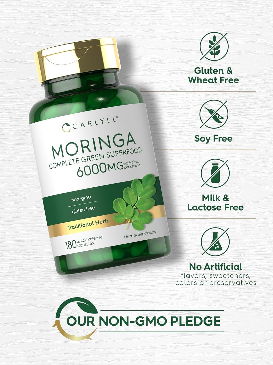 Moringa Oleifera Capsules 6000 Mg | 180 Count | Green Superfood | by Carlyle