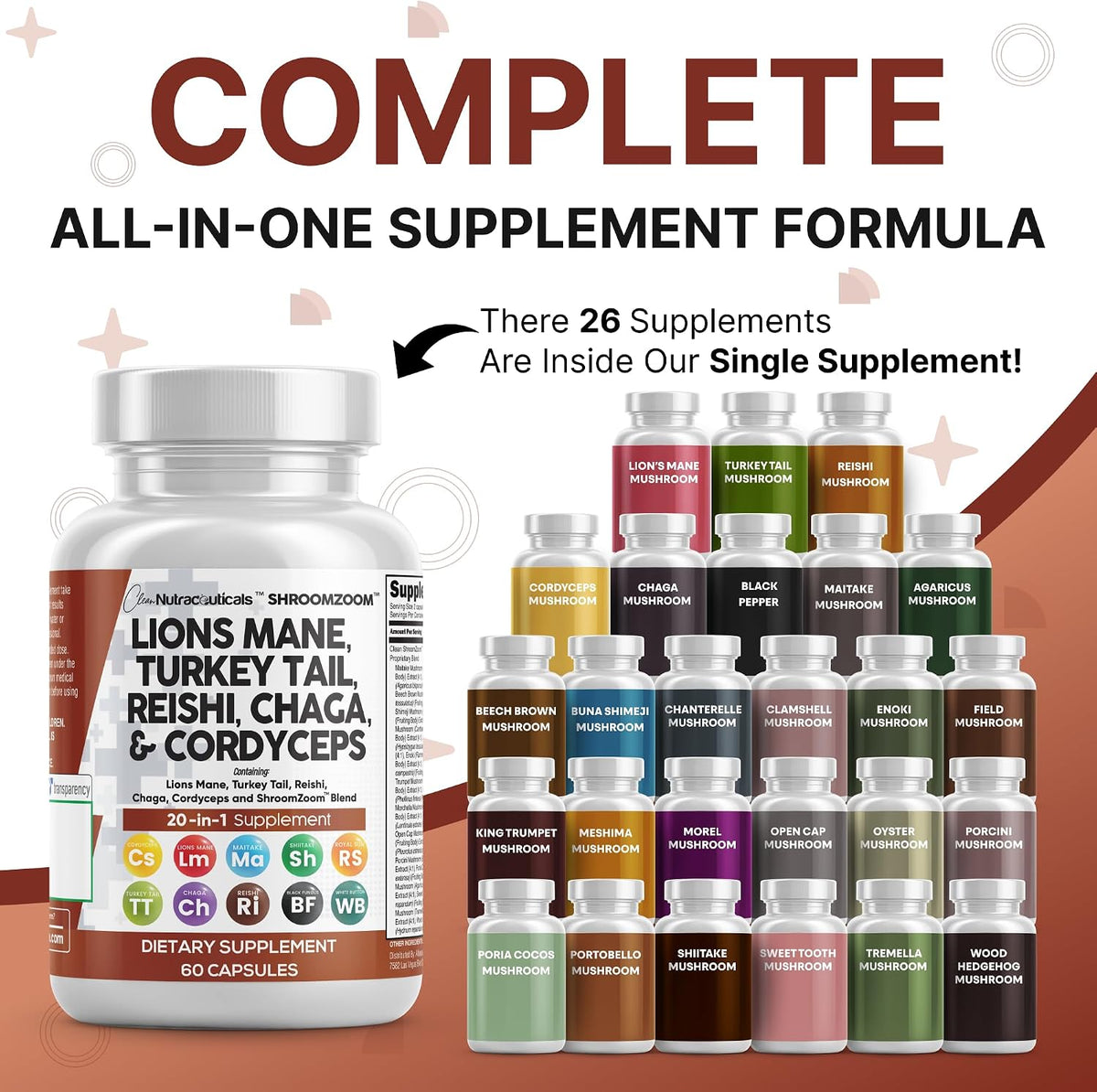 Lions Mane 20In1 Mushroom Supplement with Turkey Tail Reishi Cordyceps Chaga Maitake Meshima Poria Cocos Shiitake Oyster Porcini Enoki - 2Pack