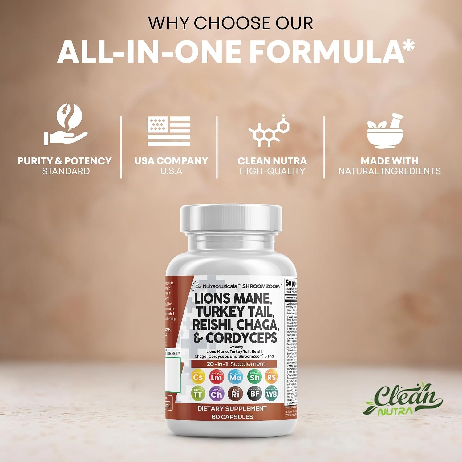 Lions Mane 20In1 Mushroom Supplement with Turkey Tail Reishi Cordyceps Chaga Maitake Meshima Poria Cocos Shiitake Oyster Porcini Enoki - 2Pack