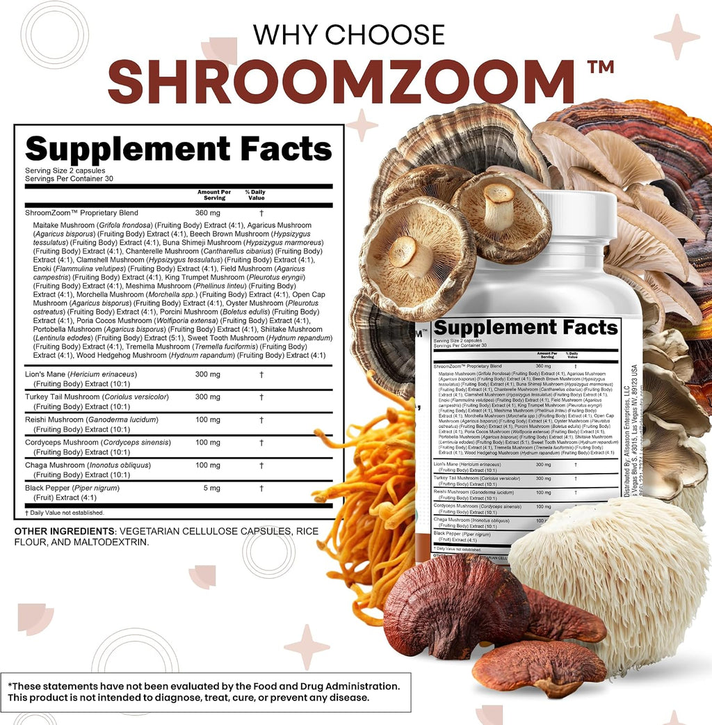 Lions Mane 20In1 Mushroom Supplement with Turkey Tail Reishi Cordyceps Chaga Maitake Meshima Poria Cocos Shiitake Oyster Porcini Enoki - 2Pack
