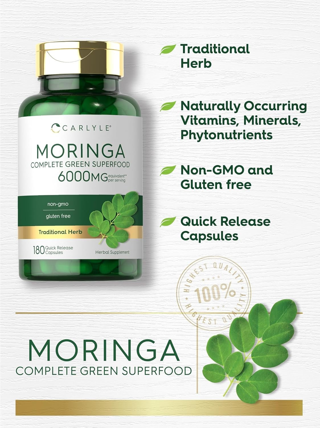 Moringa Oleifera Capsules 6000 Mg | 180 Count | Green Superfood | by Carlyle
