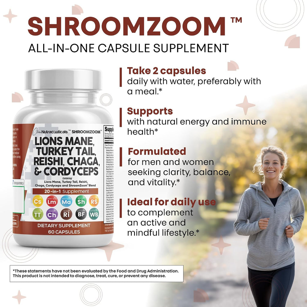 Lions Mane 20In1 Mushroom Supplement with Turkey Tail Reishi Cordyceps Chaga Maitake Meshima Poria Cocos Shiitake Oyster Porcini Enoki - 2Pack