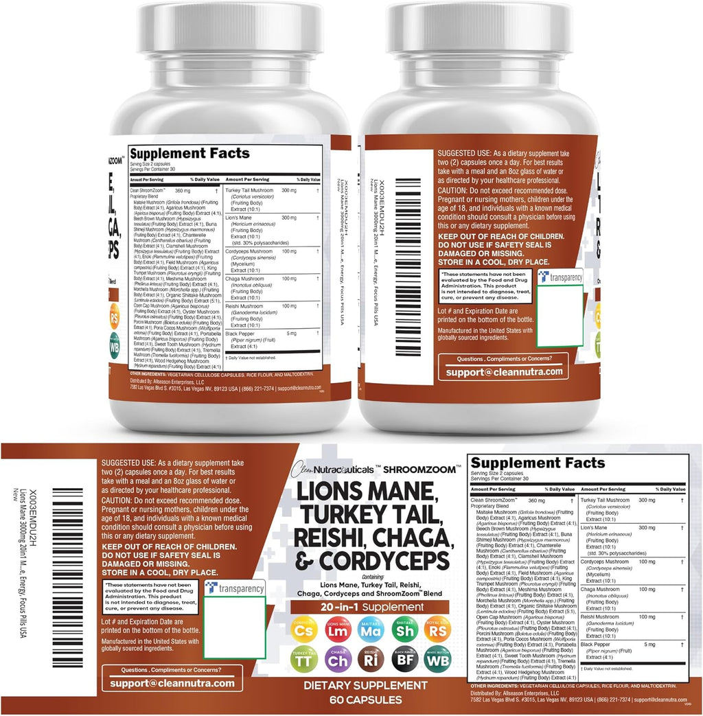 Lions Mane 20In1 Mushroom Supplement with Turkey Tail Reishi Cordyceps Chaga Maitake Meshima Poria Cocos Shiitake Oyster Porcini Enoki - 2Pack
