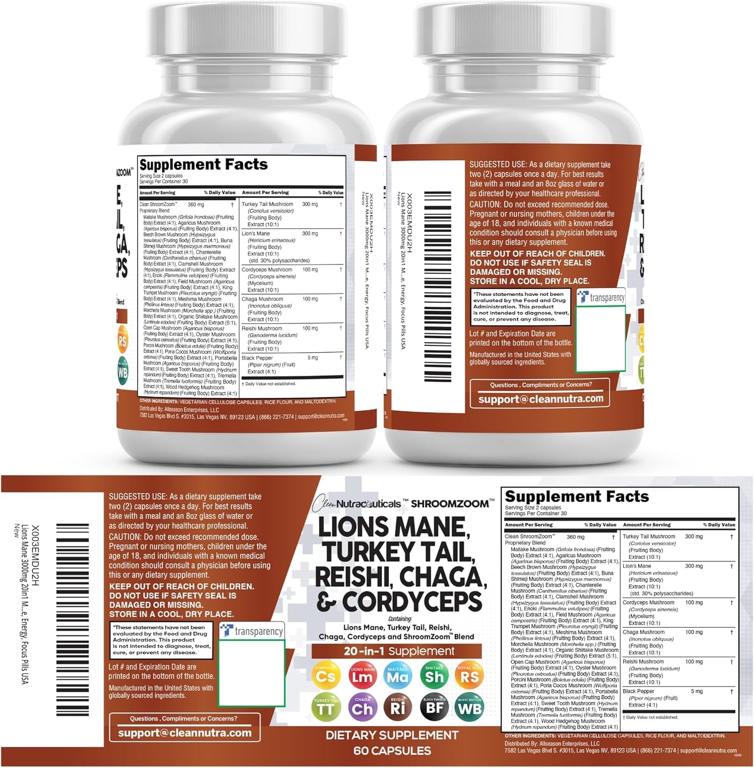Lions Mane 20In1 Mushroom Supplement with Turkey Tail Reishi Cordyceps Chaga Maitake Meshima Poria Cocos Shiitake Oyster Porcini Enoki - 2Pack