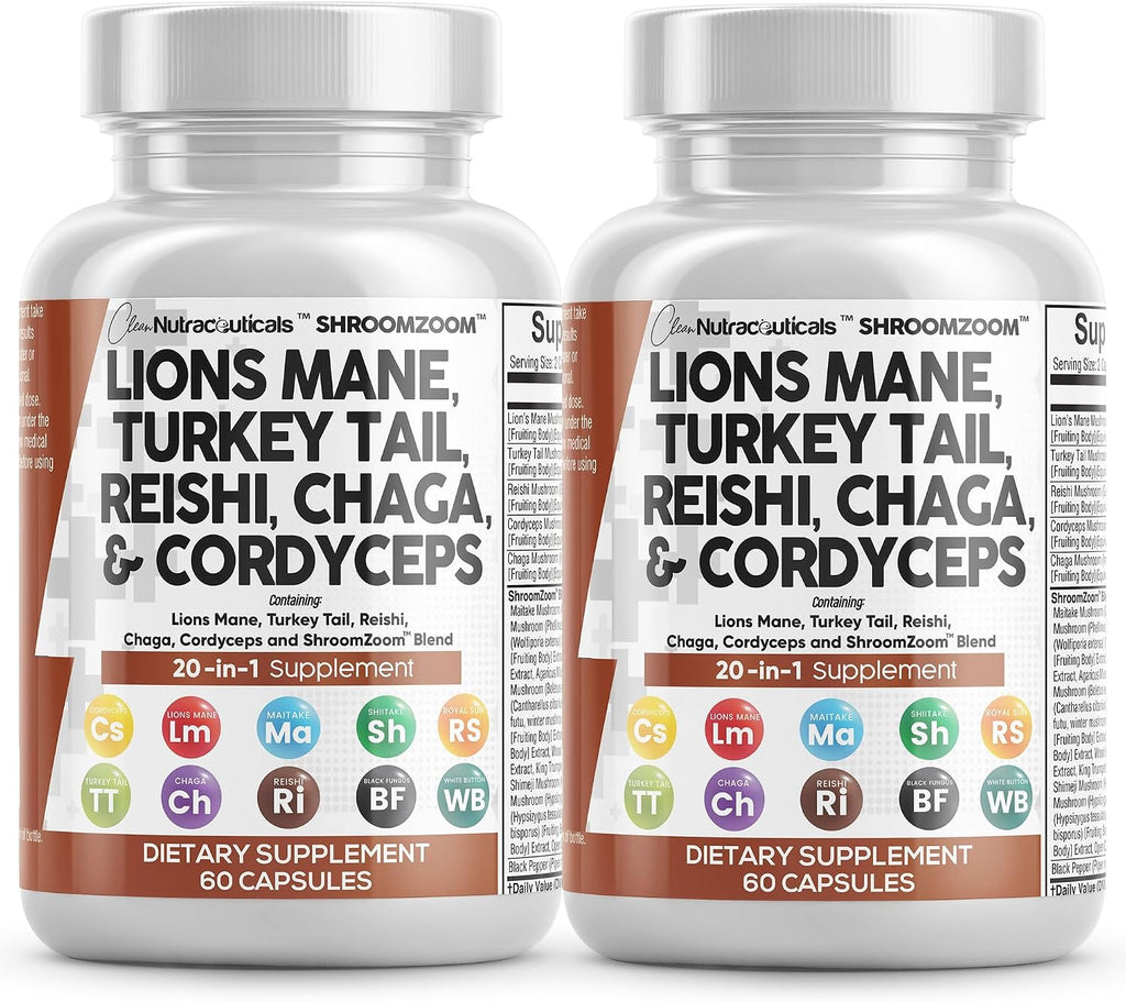Lions Mane 20In1 Mushroom Supplement with Turkey Tail Reishi Cordyceps Chaga Maitake Meshima Poria Cocos Shiitake Oyster Porcini Enoki - 2Pack