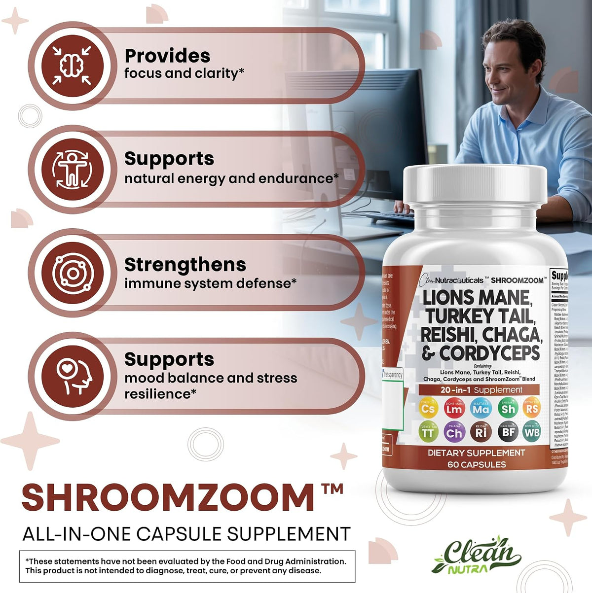 Lions Mane 20In1 Mushroom Supplement with Turkey Tail Reishi Cordyceps Chaga Maitake Meshima Poria Cocos Shiitake Oyster Porcini Enoki - 2Pack